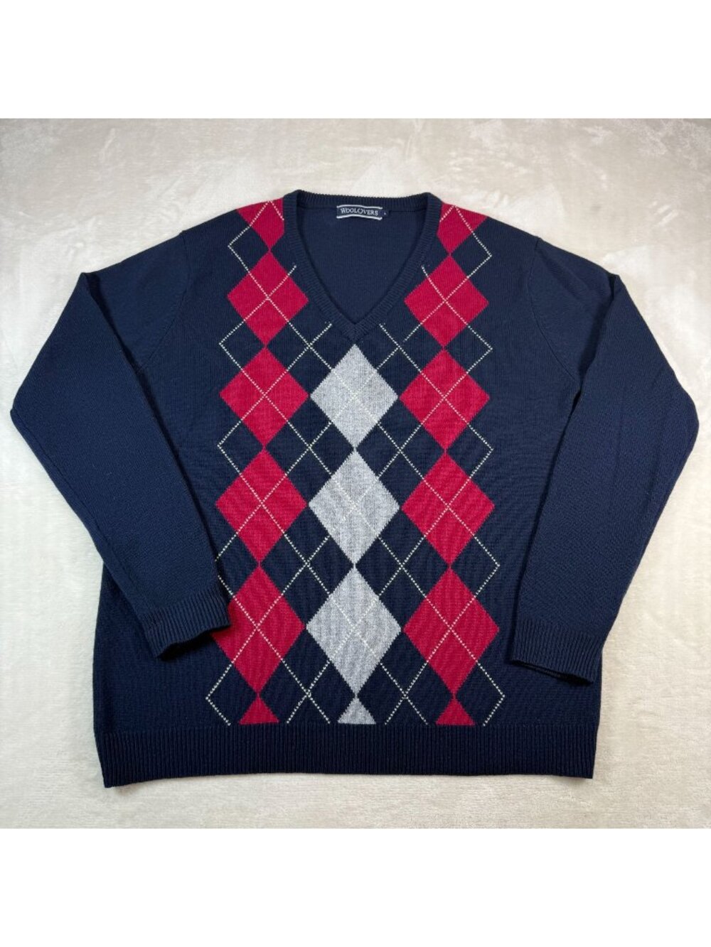 WoolOvers Navy Blue V Neck Argyle Pullover Sweater Woolmark Preppy Diamond